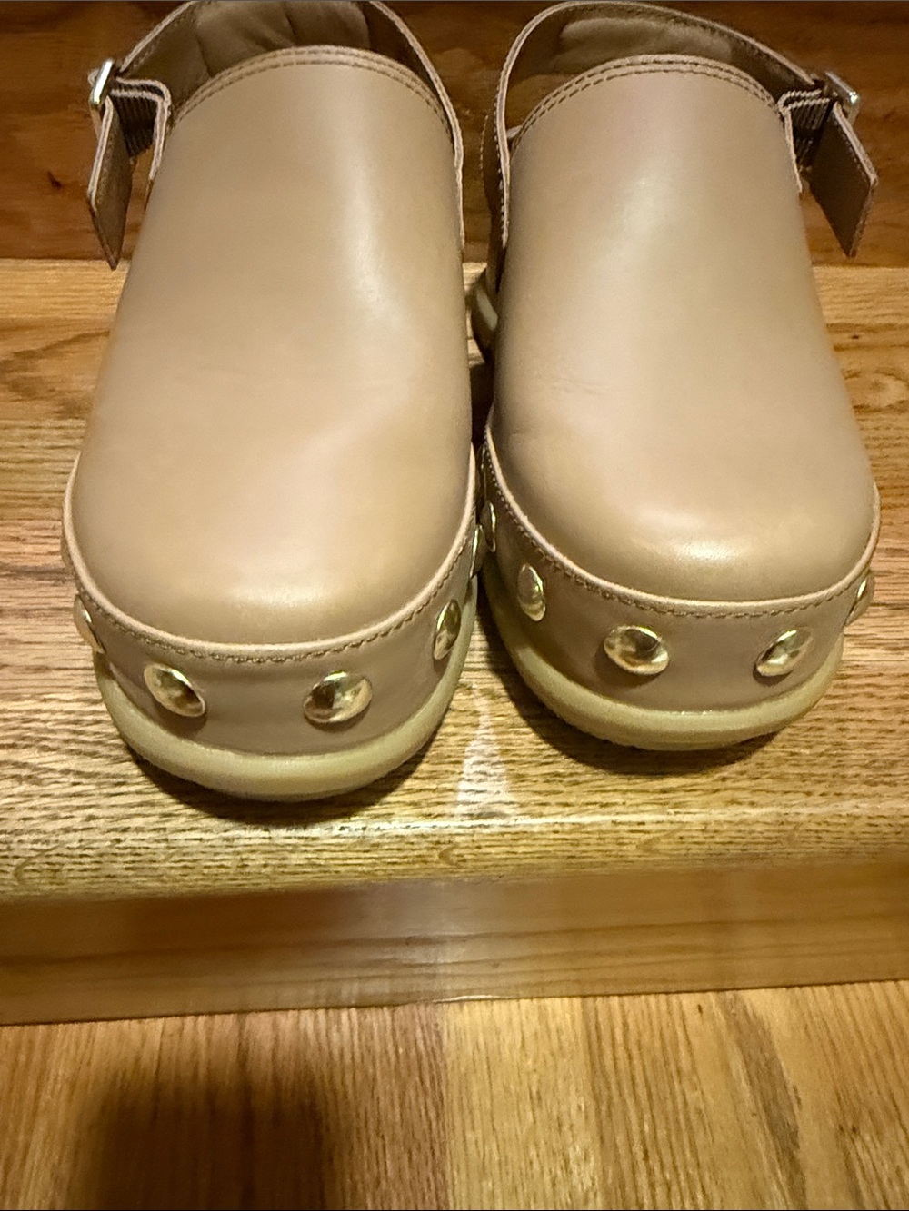 Sorel Tan Leather Clogs with Gold Studs